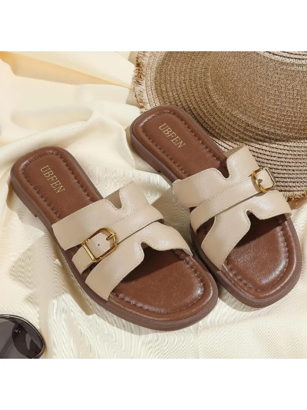 Women's Cream Square Toe Flat Sandals Slides Dressy Comfortable for Beach